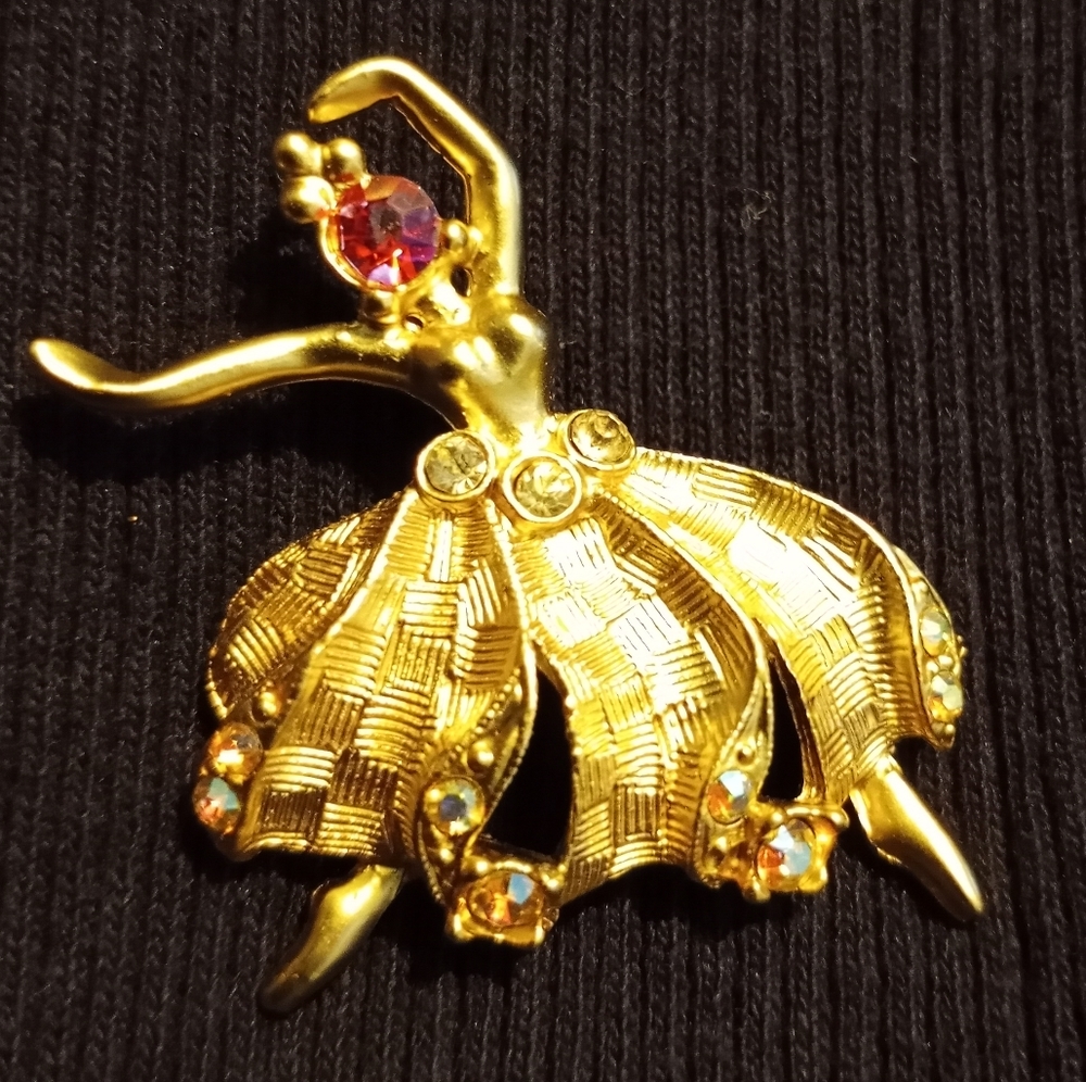 Vintage ballerina brooch with rhinestones (silver tone)